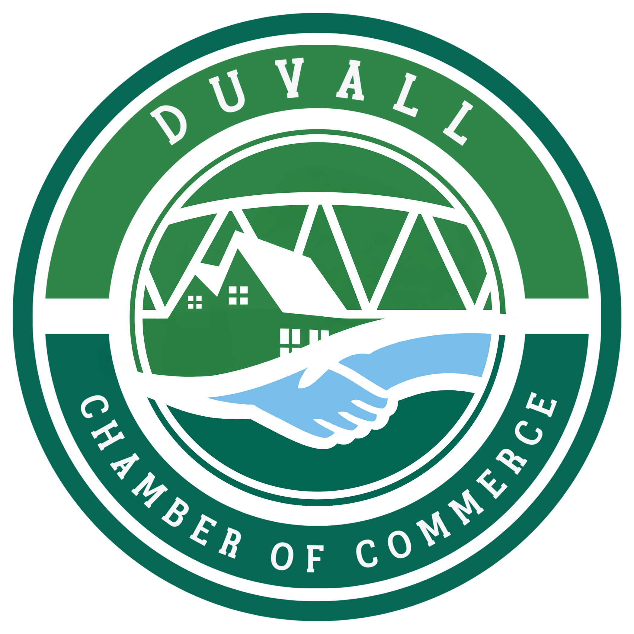 DUVALL CHAMBER PNG Logo of Duvall Chamber of Commerce featuring a green circle, two shaking hands, and images of a bridge and houses. - Duvall Chamber