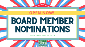 Graphic for board member nominations, open until Tue, Oct 8th, with red and blue rays in the background. - Duvall Chamber