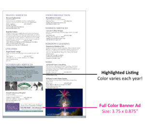 A directory page with a list of various service ads, including travel, utilities, veterinary, and others. Highlighted listings and a full-color banner ad are noted. - Duvall Chamber