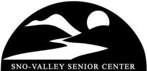 Logo of Sno-Valley Senior Center featuring a stylized river, mountains, and sun in black and white. - Duvall Chamber