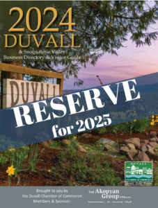 Cover of the 2024 Duvall & Snoqualmie Valley Business Directory and Visitor Guide with "Reserve for 2025" text. Features a scenic landscape with flowers and a Duvall sign. - Duvall Chamber