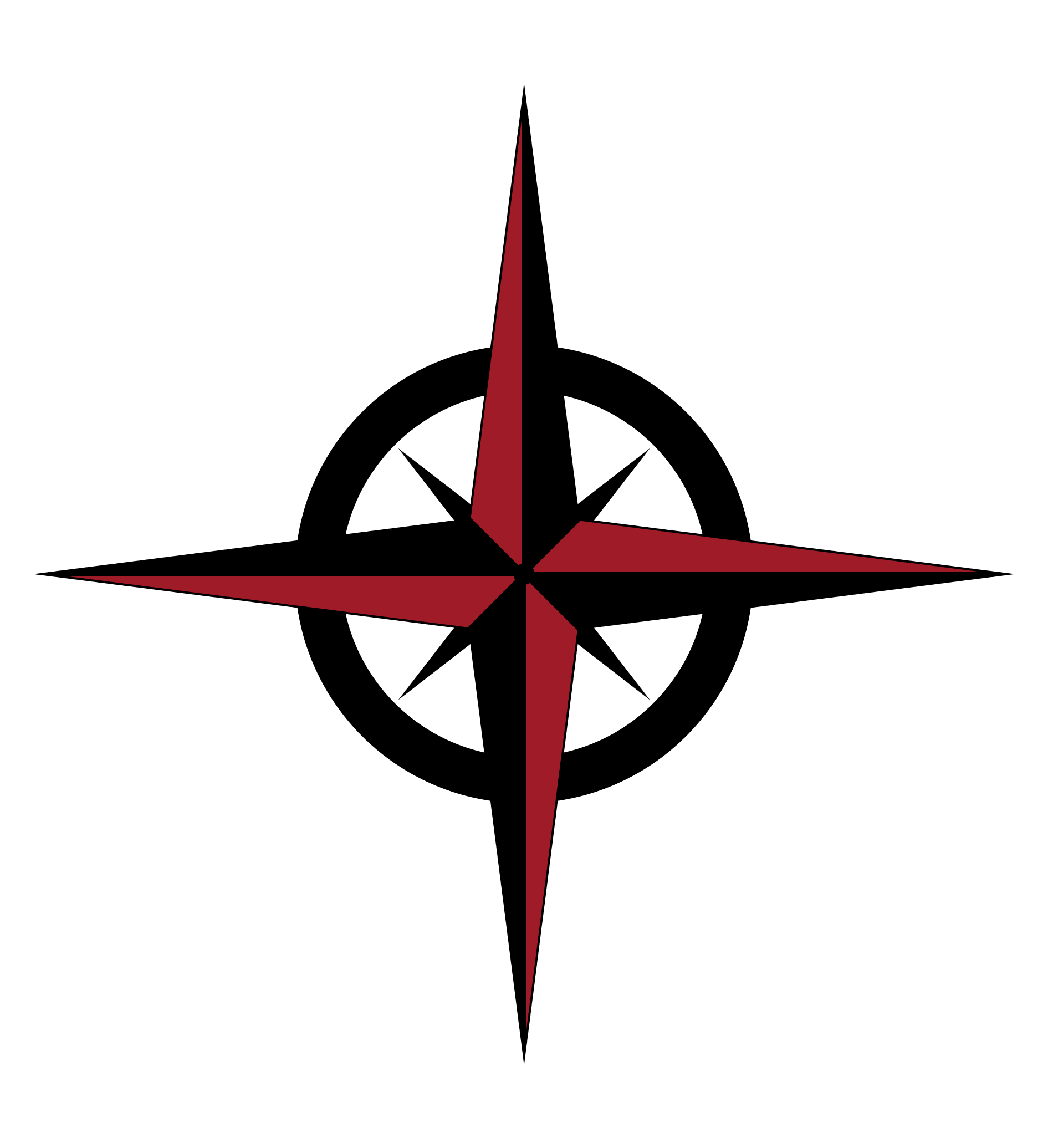 Black and white compass rose with red arrow-shaped points on a black background. - Duvall Chamber