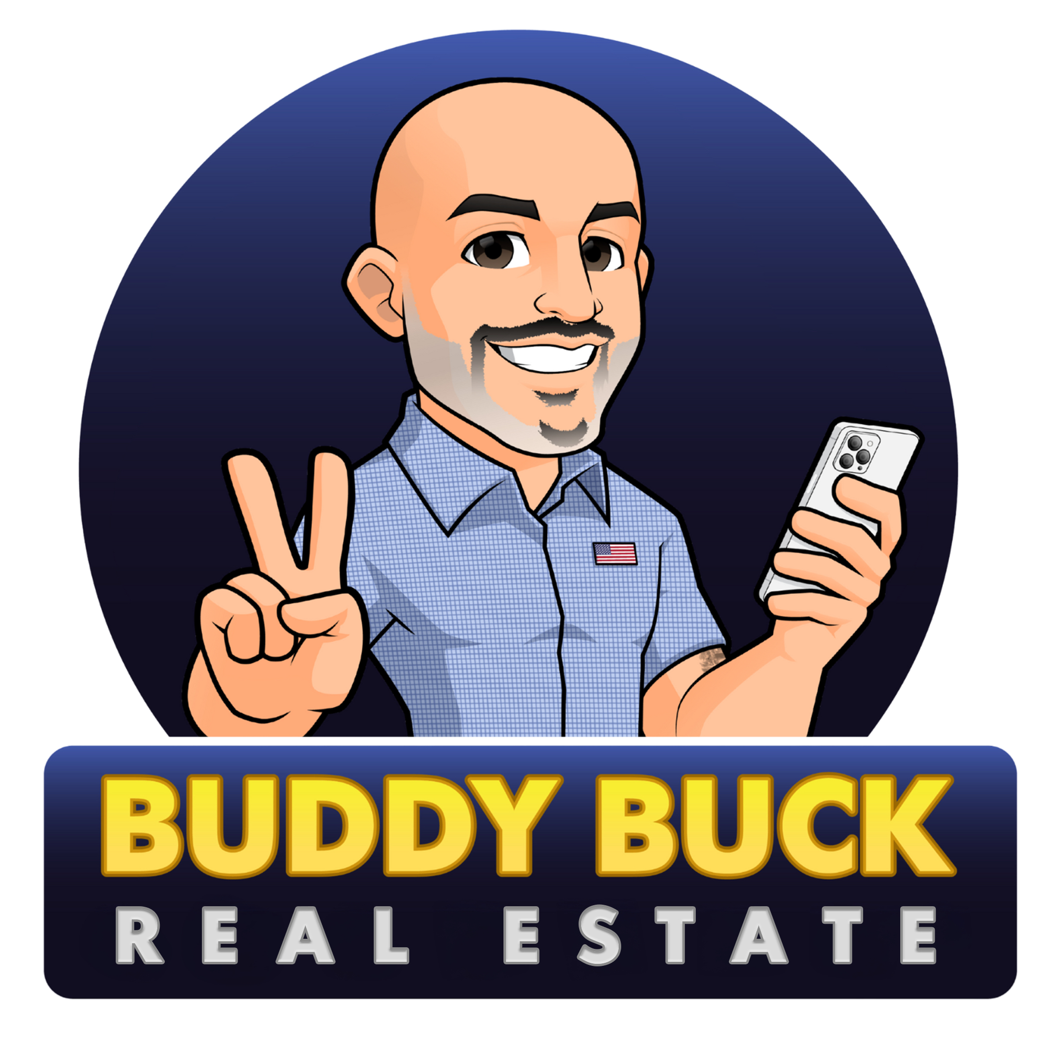 Cartoon man with a beard, holding a phone and making a peace sign, above the text "Buddy Buck Real Estate. - Duvall Chamber