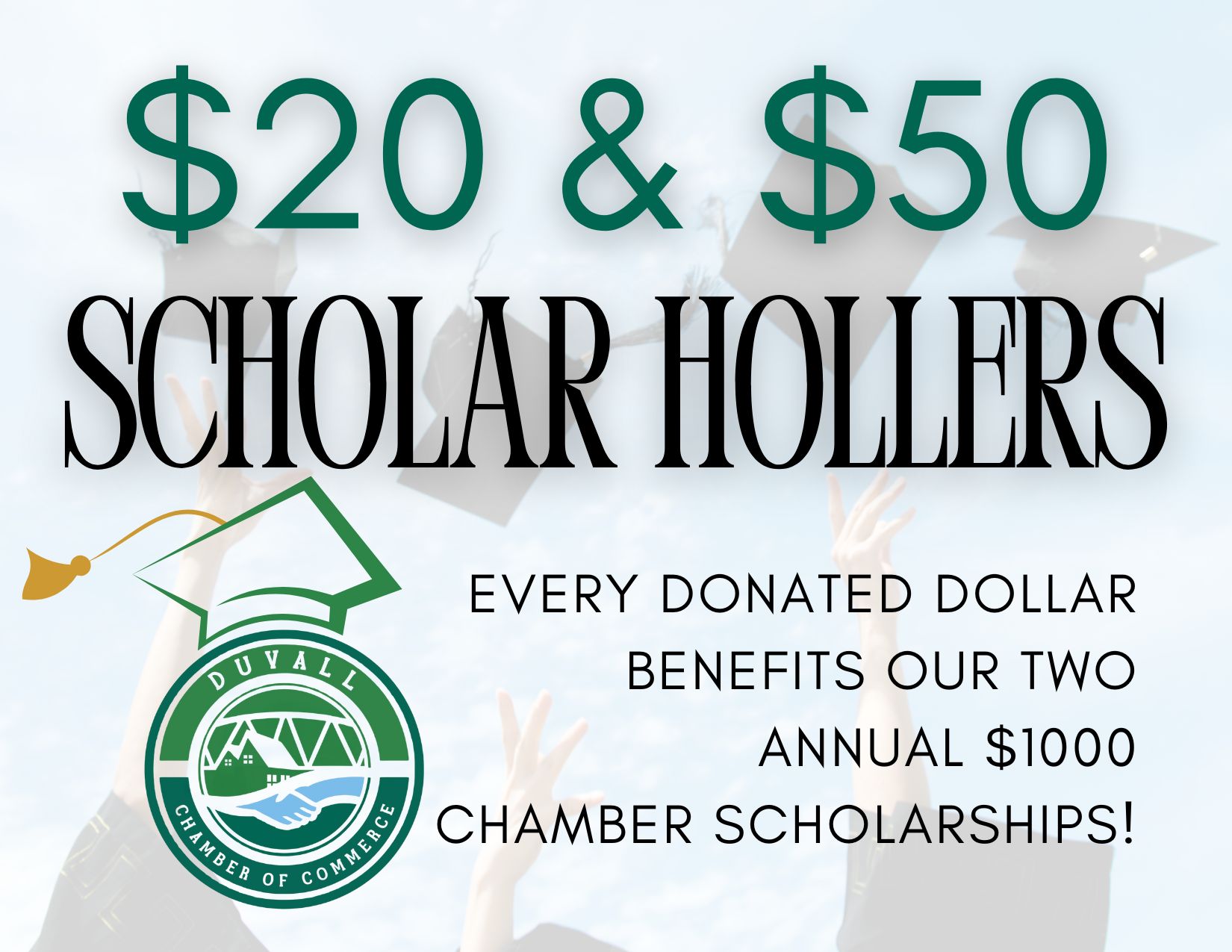 $20 Scholar Holler - FB Post - 2025 (1) Text promoting $20 and $50 "Scholar Hollers" donations to benefit two annual $1000 Duvall Chamber of Commerce scholarships, with a graduation cap graphic. - Duvall Chamber