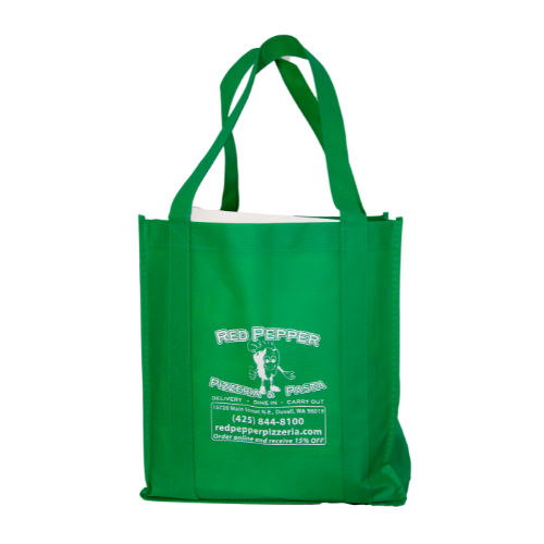 Untitled design (15) A green reusable tote bag with "Red Pepper Pizzeria & Pasta" logo and contact information printed in white on the front. - Duvall Chamber