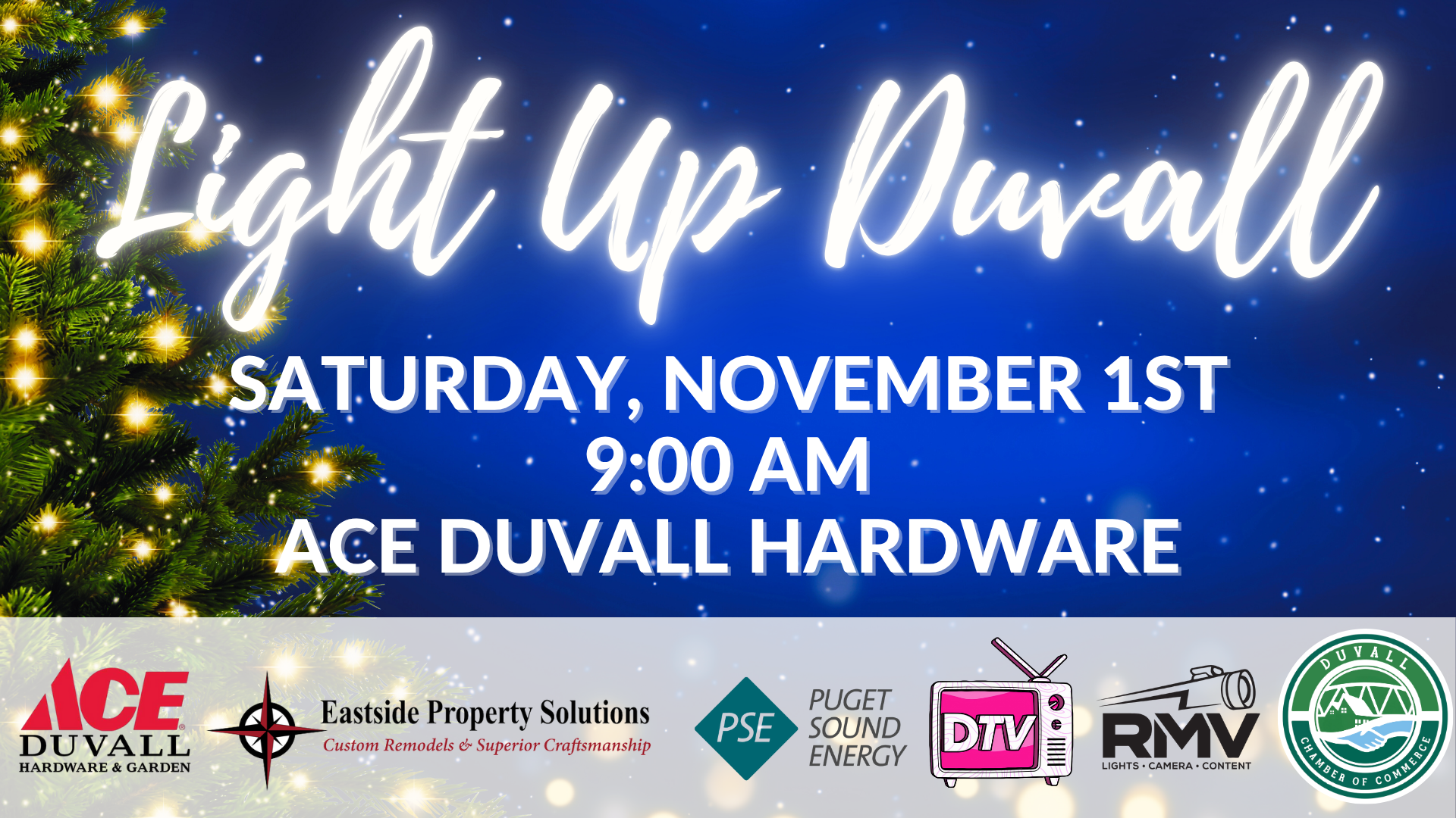 2025 Light Up Duvall - FB Cover (1920 x 1080 px) (3) Event flyer for "Light Up Duvall" on Saturday, November 1st at 9:00 AM at Ace Duvall Hardware, featuring logos of sponsors and a lit Christmas tree on the left. - Duvall Chamber