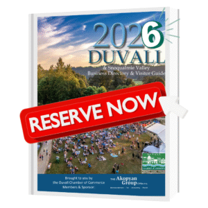 Cover of the 2026 Duvall & Snoqualmie Valley Business Directory & Visitor Guide with a large "RESERVE NOW" banner across the front. - Duvall Chamber
