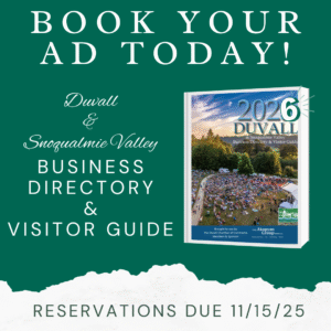 Promotional graphic for the 2026 Duvall & Snoqualmie Valley Business Directory & Visitor Guide with a photo of the cover and a reservation deadline of 11/15/25. - Duvall Chamber