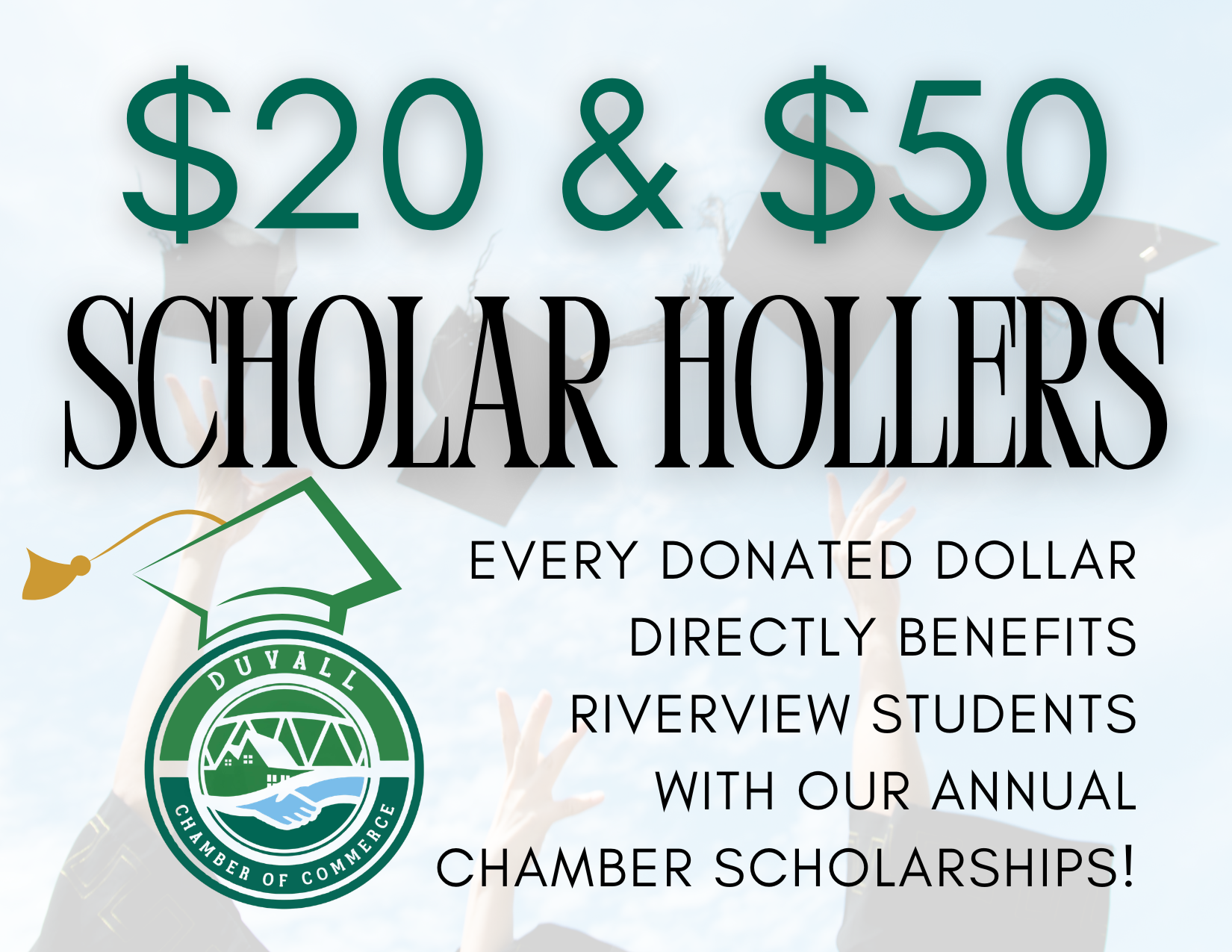 Text promoting $20 and $50 "Scholar Hollers" donations for Duvall Chamber scholarships, with a note that all funds benefit Riverview students and an image of graduates throwing hats. - Duvall Chamber