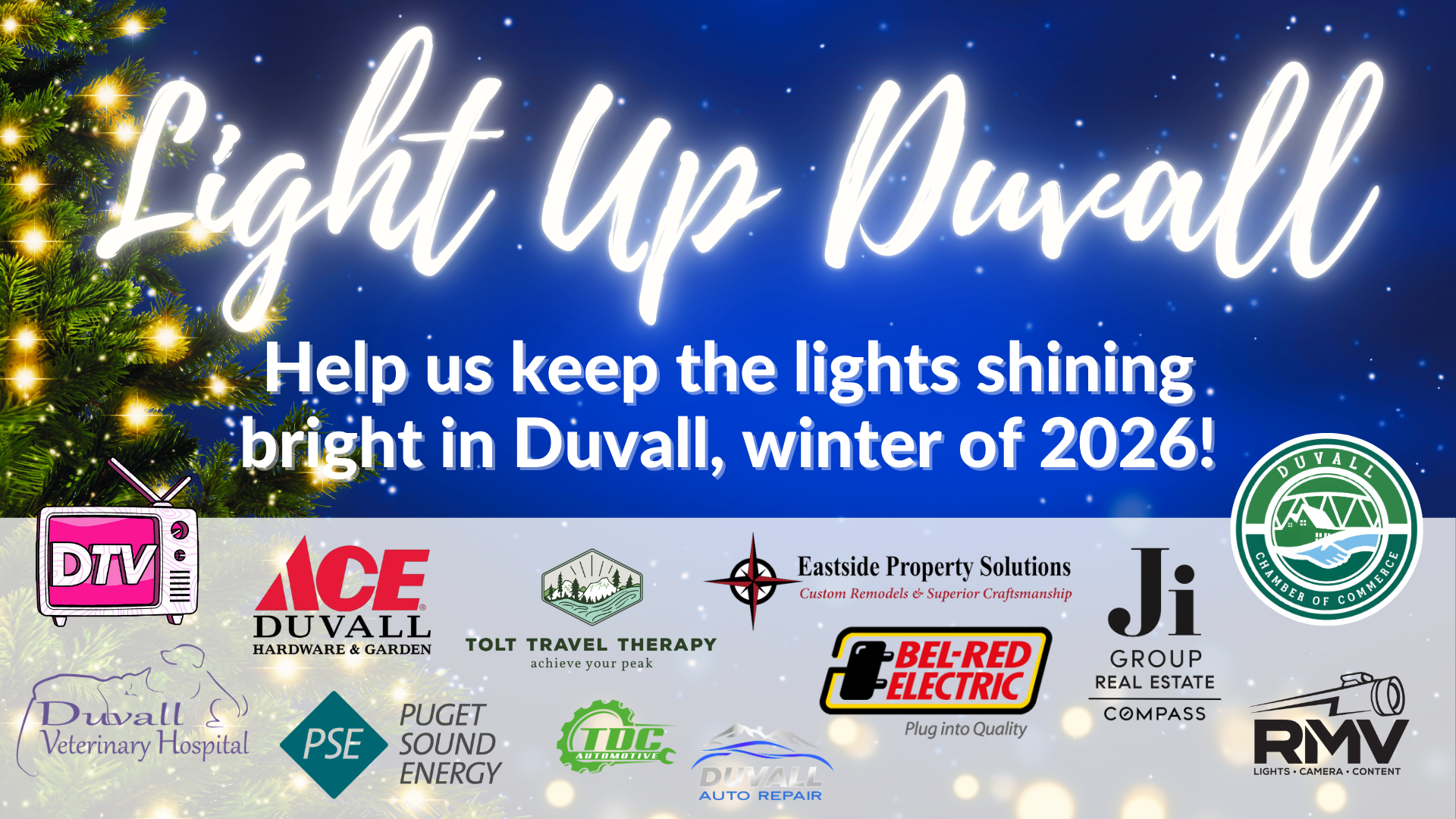 Blue and white promotional banner for “Light Up Duvall,” winter 2026, with sponsor logos and a Christmas tree on the left side. - Duvall Chamber