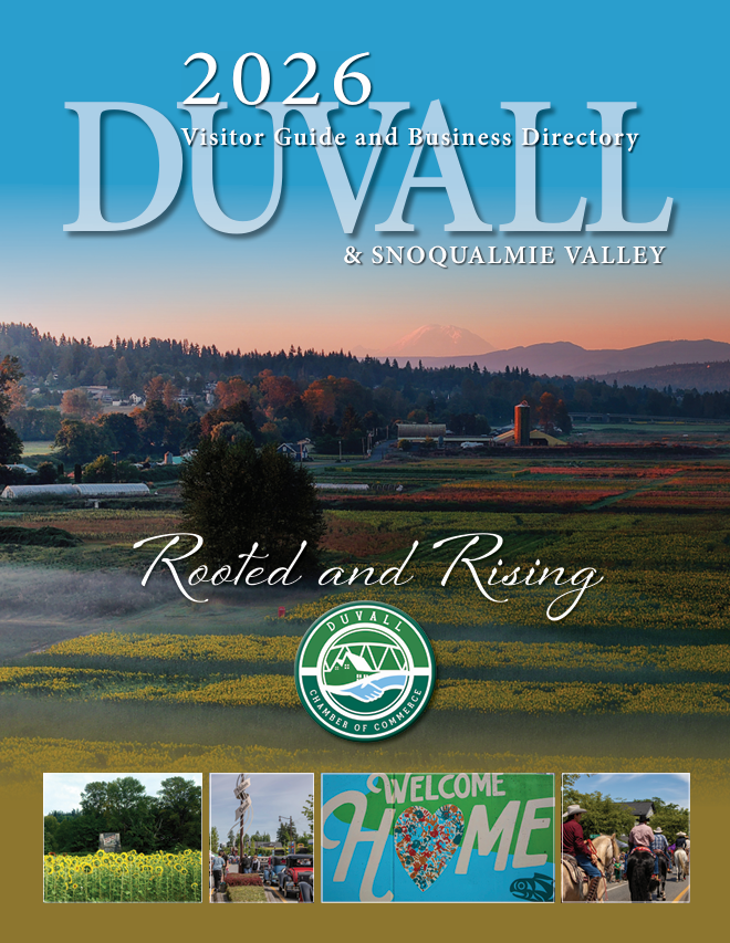 Cover of the 2026 Duvall & Snoqualmie Valley Visitor Guide featuring a rural landscape, the Duvall Chamber of Commerce logo, and three small photos of local events and a welcome sign. - Duvall Chamber