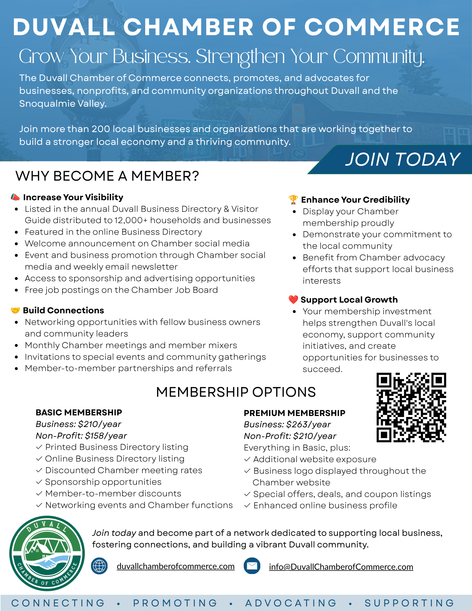 A flyer for the Duvall Chamber of Commerce outlines membership benefits, highlights options and costs, and encourages joining to support local business and economic growth. - Duvall Chamber