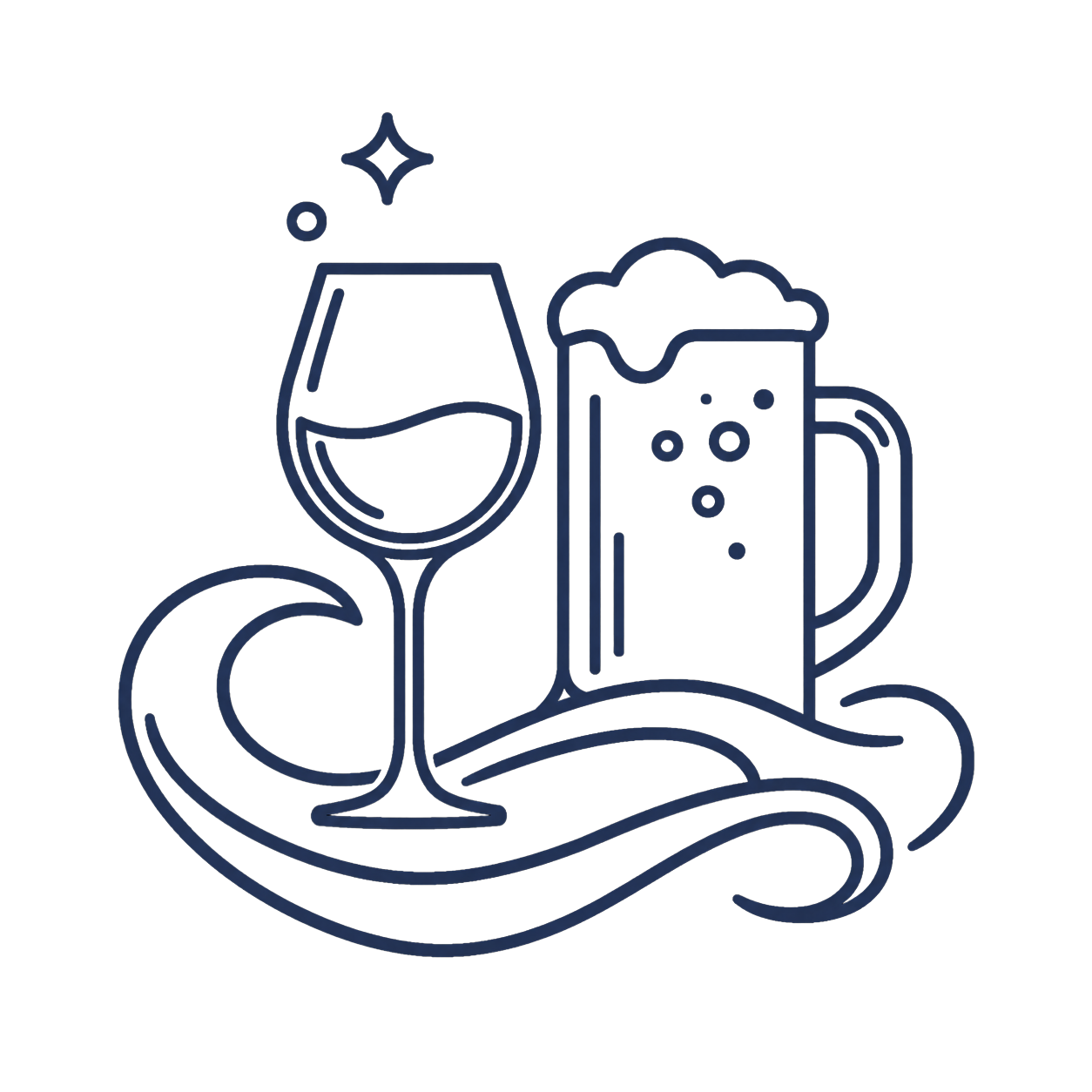 Line drawing of a wine glass and a frothy beer mug with decorative swirls, set against a plain background. - Duvall Chamber
