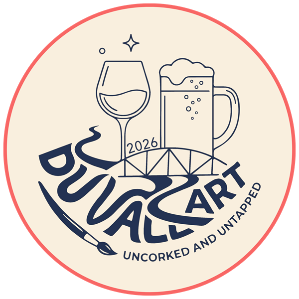 Logo for “Duvall Art: Uncorked and Untapped” with a wine glass, beer mug, bridge, paintbrush, and the year 2026. - Duvall Chamber