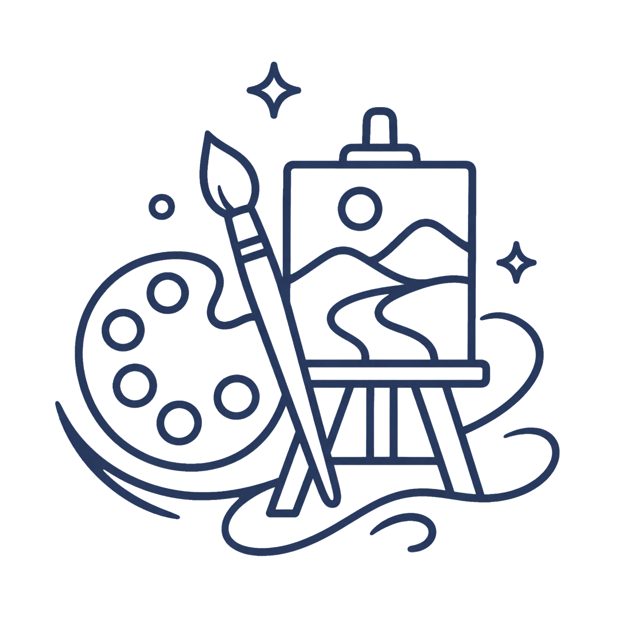 Outline drawing of a paintbrush, palette, and easel with a canvas showing a landscape of mountains, a river, and a sun, with decorative swirls and stars around them. - Duvall Chamber