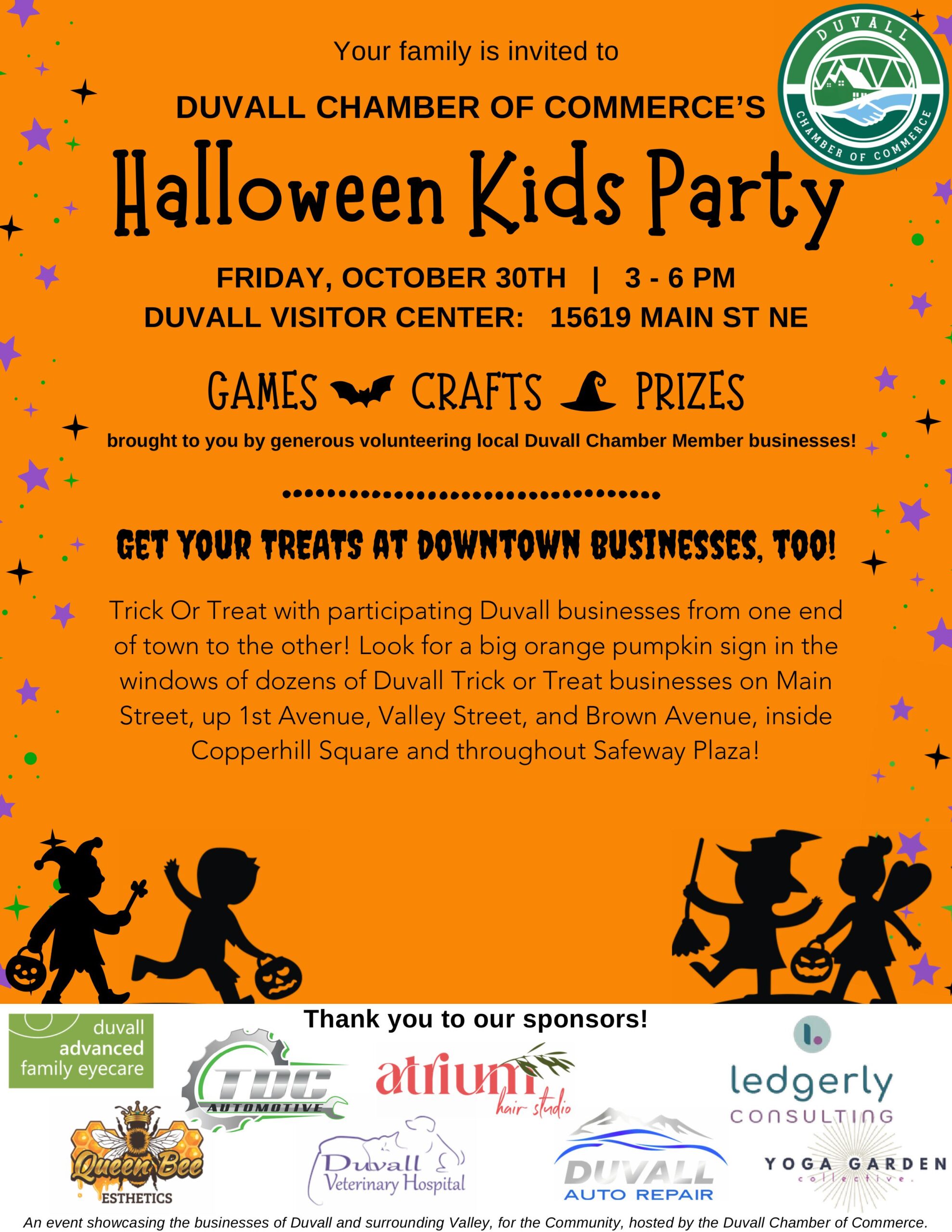 Event flyer for the Duvall Chamber of Commerce Halloween Kids Party on October 30th from 3 to 6 PM at the Duvall Visitor Center, including information on downtown trick-or-treating and sponsor logos. - Duvall Chamber