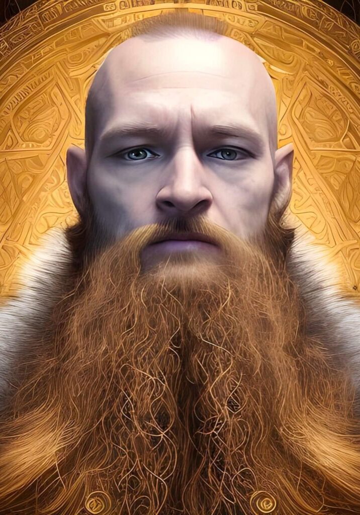 A person with a long, thick beard and a fur collar stands against a background featuring intricate golden patterns. - Duvall Chamber