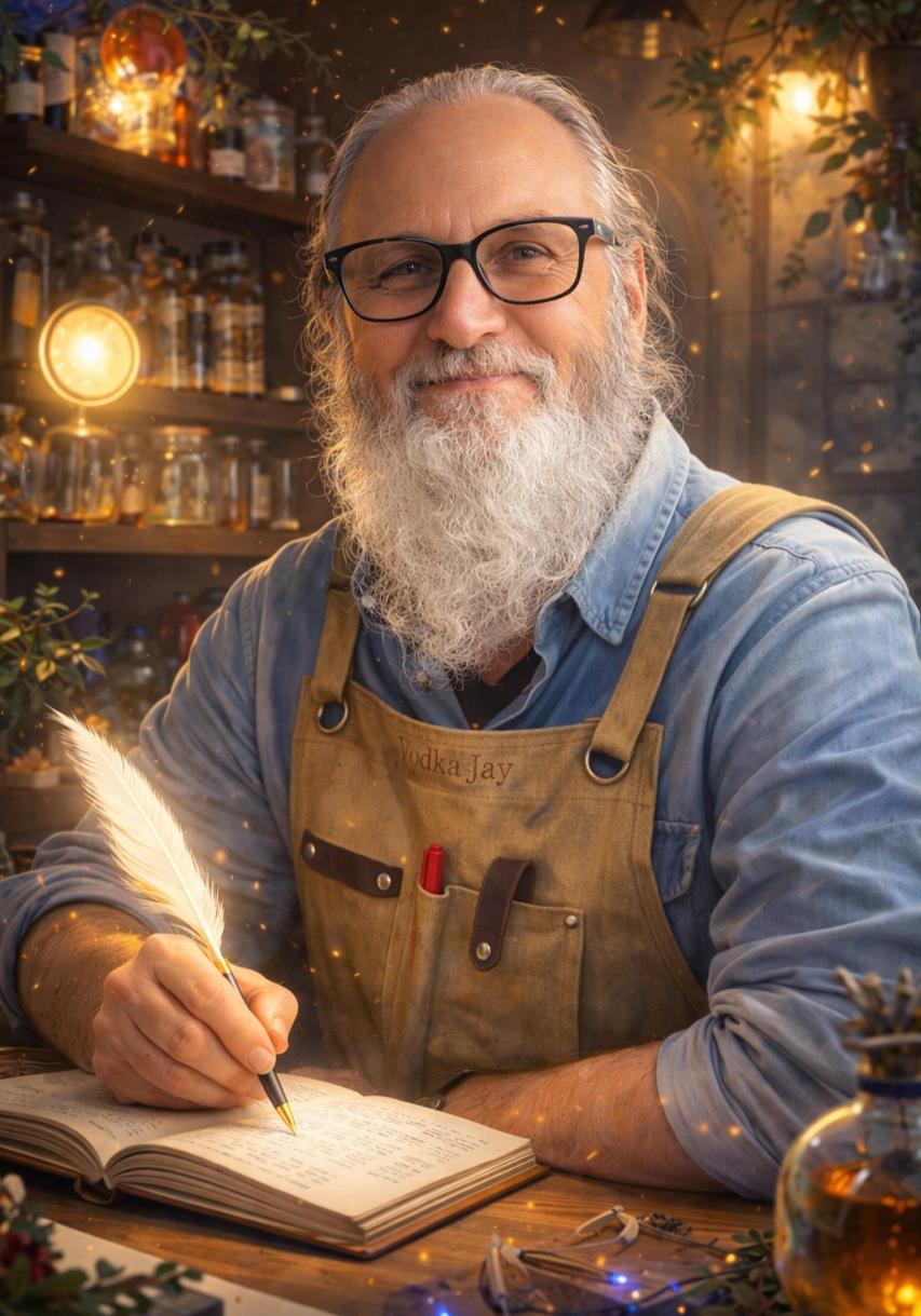 An older man with a white beard and glasses writes in a notebook with a quill pen, seated at a wooden desk in a cozy, well-lit workshop filled with jars and plants. - Duvall Chamber